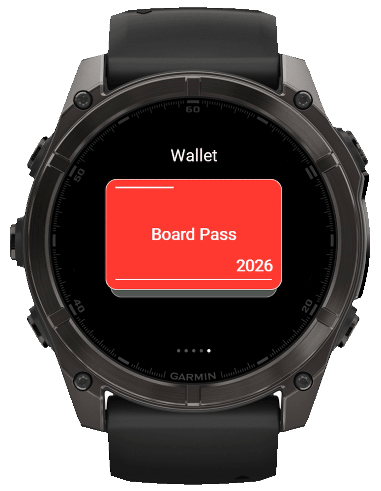 WalletPro Garmin watch screen showing a red Board Pass QR card in the wallet stack.