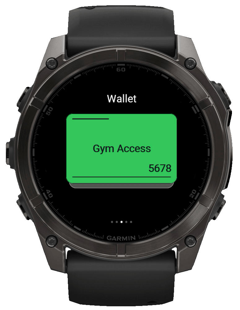 WalletPro Garmin watch screen showing a green Gym Access QR card in the wallet stack.