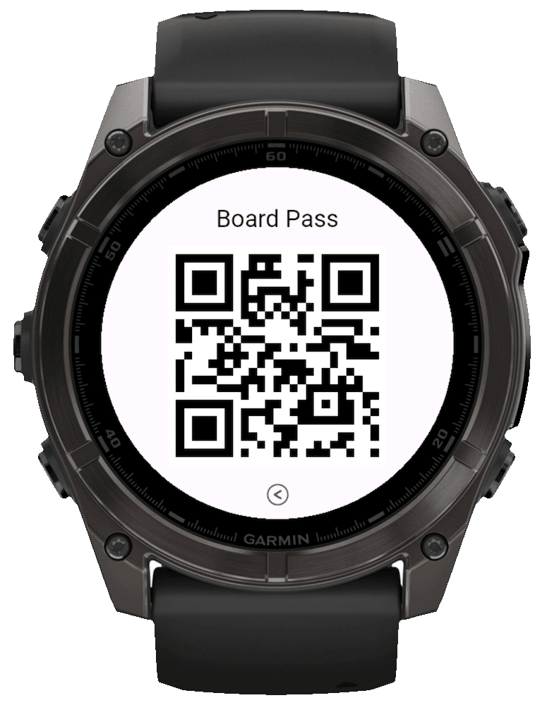 WalletPro Garmin watch screen showing a large Board Pass QR code ready to scan.