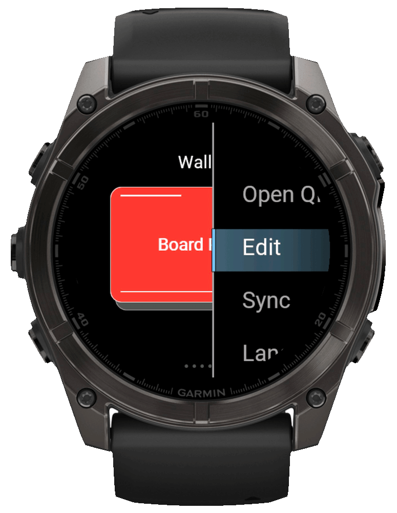 WalletPro Garmin watch screen showing the action menu over the QR card stack.