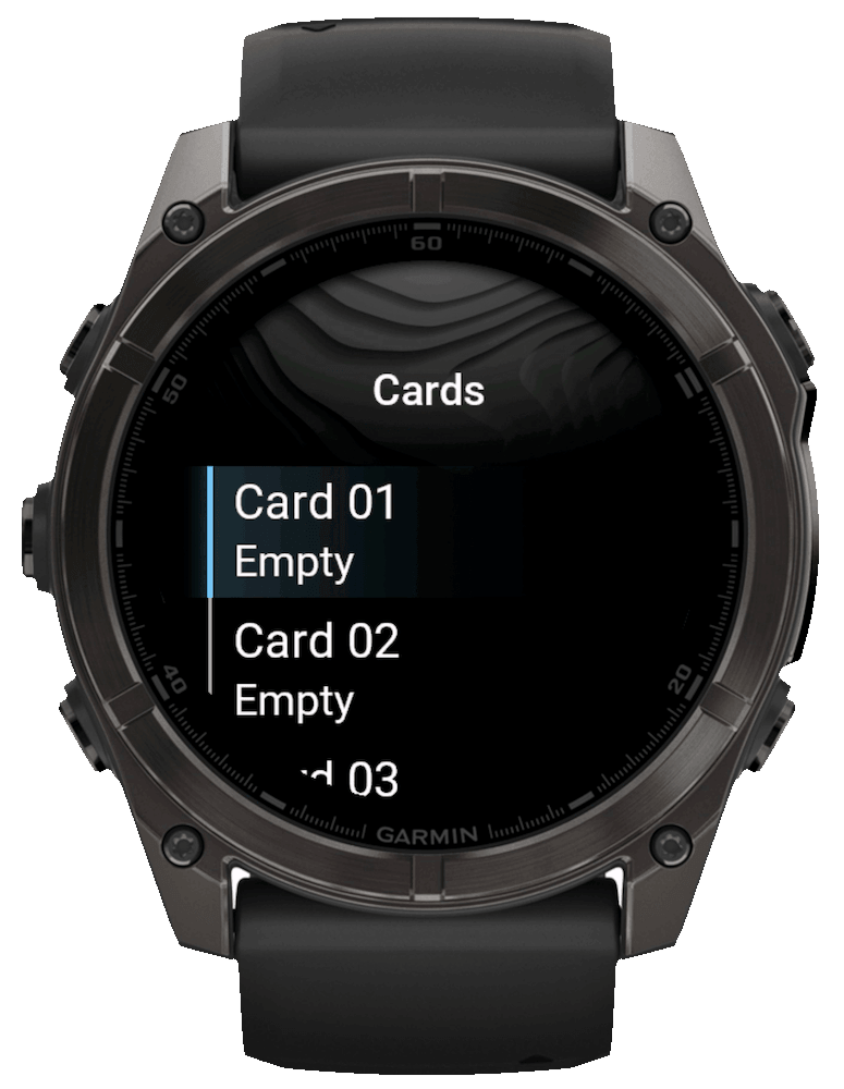 WalletPro Garmin watch screen showing the card list with empty card slots.